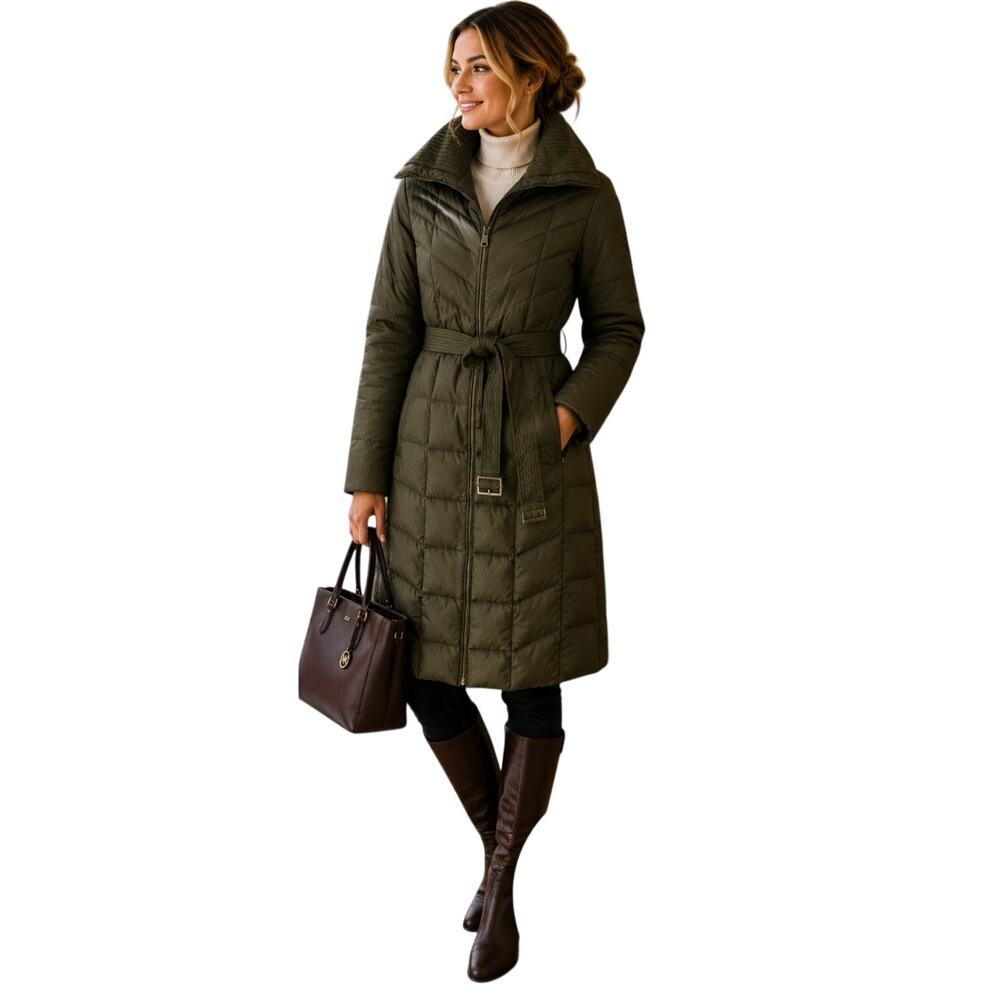 Cole Haan Olive Down Puffer Coat Belted Long Jacket L Quiet Luxury
